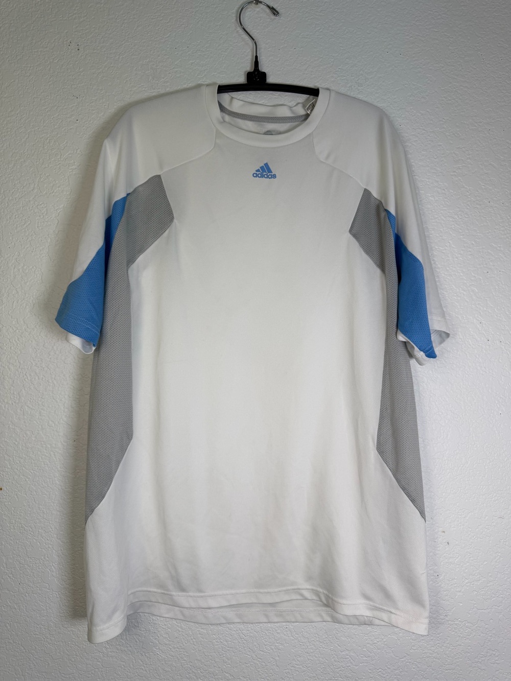 adidas White Athletic Short Sleeve Tee with Light Blue Accents, Size L‎